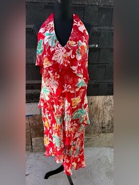 Ice Red Floral Halter Silk Dress